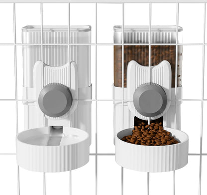 Hanging Cage Automatic Small Pet Food Bowl Water Bottle Dispenser, 1L Auto Gravity Pet Feeder and Waterer Set Kennel Feeding Station Crate Feeder Dish for Rabbit Puppy Cats Ferret (Grey)1