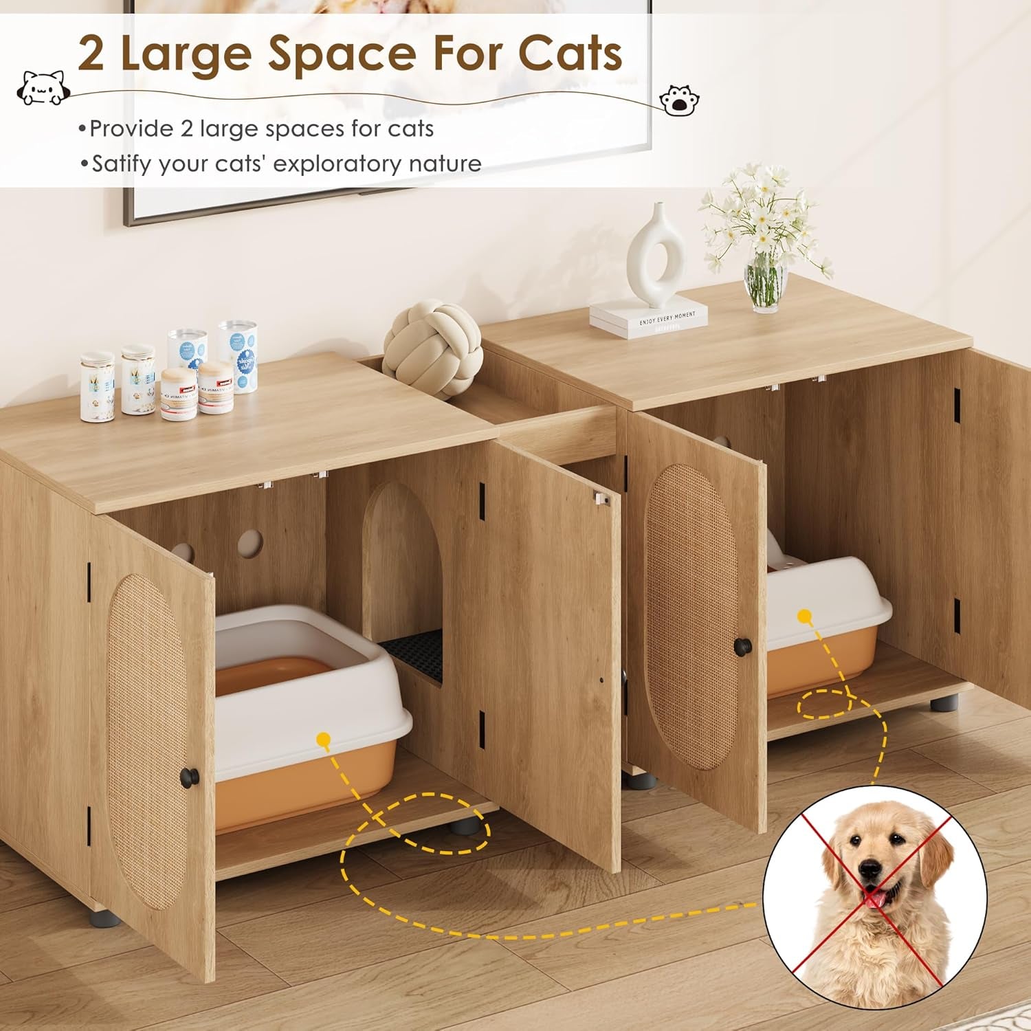 garvee-55-1-double-litter-box-enclosure-boho-cat-box-furniture-for-2-cats-cat-litter-box-furniture-hidden-with-cat-scratch-pad-large-indoor-pet-house-with-double-room-wood-color-double-room-design-fits-most-litter-boxes-built-in-litter-mat-double-roller-latch-storage-cubby-ventilated-cabinets