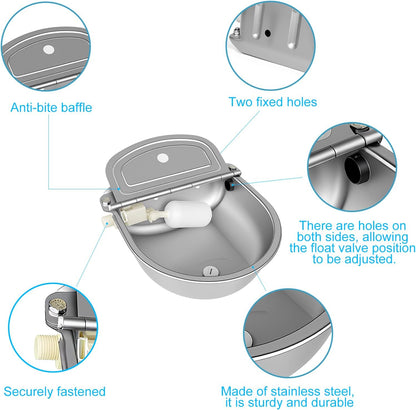 Automatic Pet Water Bowl with Float Valve, 304 Stainless Steel, Includes Bowl, Valve, 40" Hose, Adapters, Bolts, Wrench, Fits 1/2" & 3/4" Faucets, for Dogs/Livestock, Drain Hole3