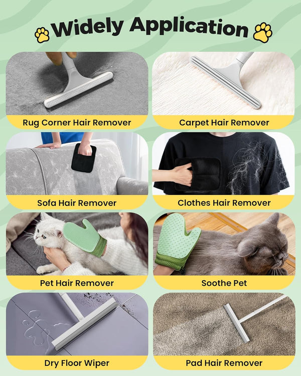 Carpet Rake for Pet Hair Removal Tool - 4 in 1 Pet Hair Remover Kit for Dog Cat Fur Remover, Contain 60" Adjustable Rubber Broom, Glove, Magic Brush and Scraper for Furniture,Short Pile Carpets, Mats8
