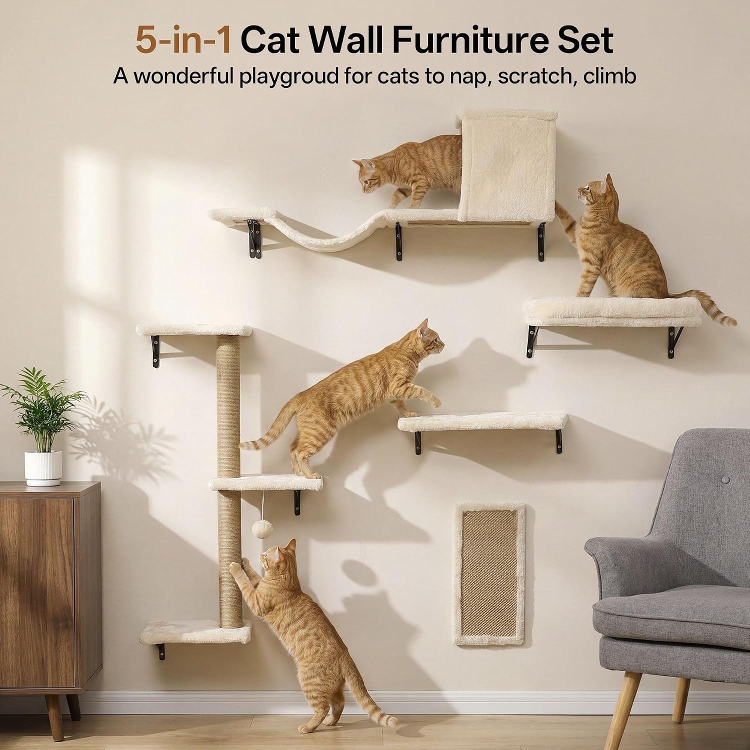 mewang-5-in-1-cat-wall-shelves-cat-climbing-furniture-with-wall-mounted-perch-lounge-for-indoor-cats-space-saving-wall-pet-shelves-for-play-rest-beige