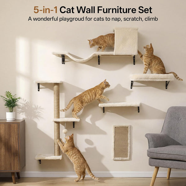 MEWANG 5-In-1 Cat Wall Shelves: Cat Climbing Furniture with Wall Mounted Perch & Lounge for Indoor Cats, Space-Saving Wall Pet Shelves for Play & Rest - Beige3