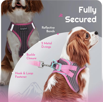 Eagloo Small Dog Harness and Leash Set, Step in Small Sized Puppy Pet Vest | Light, Soft, Breathable Air Mesh, Easy on and off with Hook & Loop, Reflective for Safe Walking, Pink, S7