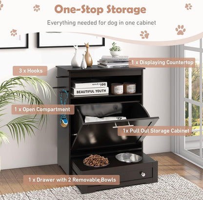 Dog Food Cabinet Feeding Station with 2 Raised Bowls, Pull Out Elevated Dog Bowl, Storage, 3 Hangers, Pet Feeder Toy Leashes Organizer, Brown3