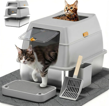 Stainless Steel Litter Box with Lid,Front Entry Top Exit Kitty Litterbox,Extra Large Enclosed Metal Cat Box with Litter Scoop & Litter Mat-Black11