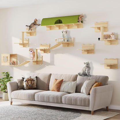 9-In-1 Cat Wall Shelves, Cat Wall Furniture Set with Bridge, Beige | Wall Mounted Cats Shelf for Space-Saving, Multi-Level Cat Climbing Systems for 16 Inch Drywall, with Scratching Posts, Condos20