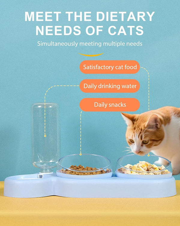 Cat Bowls Set，3 in 1 15°Tilt Water Feeder Bowls Cat Double Food Bowls with 500Ml Dispensing Bottle for Small & Medium Pets,Lightweight & Easy to Clean4