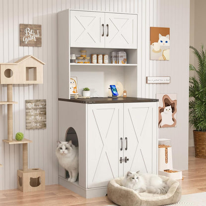 59.1" Cat Litter Box Enclosure for 2 Cats, Hidden Litter Box Furniture with Power Outlet & Removable Hallway, Lockable Door & Anti-Tip Design, Farmhouse Litter Box Cabinet with Magnetic Door, White11