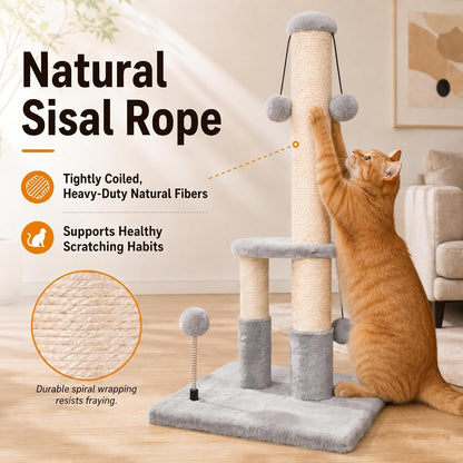 Dimaka Tall Cat Scratching Post, Double Lower Posts Extra Stable Cat Post Tree Scratcher with Sisal Rope and Teasing 4 Balls Total Large Base (Grey)4