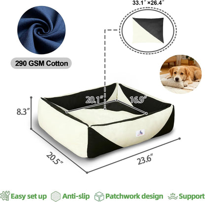 Cotton Canvas Dog Bed (290Gsm Thick), 24"X20"X8" Durable Waterproof | Cute Dog Beds for Small Dogs, Orthopedic Bed with Washable Removable Cover, Anti-Chewing Pet Bed Anti-Slip Black&White7