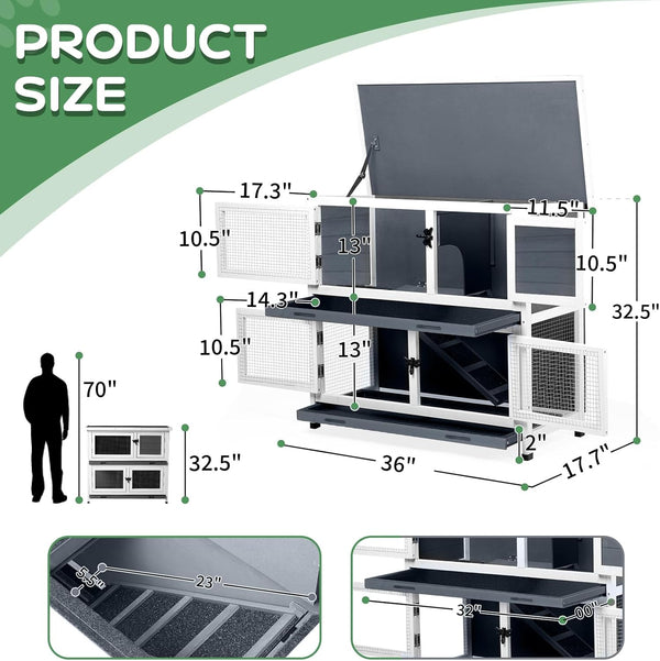 2 Story Solid Wood Rabbit/Bunny Hutch with 2 Large Main Rooms, Indoor Outdoor Rabbit House Guinea Pig Cage Pet House for Small Animals with Ventilation Door Removable Tray Waterproof Roof (Grey)7