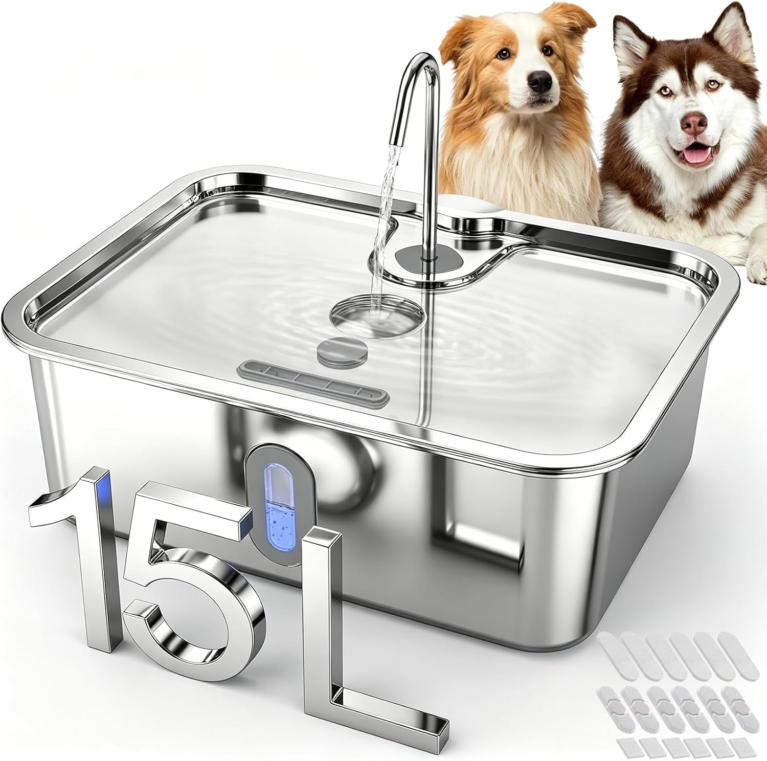 15l-4gal-stainless-steel-dog-water-fountion-pet-fountain-1set-filter-ultra-quiet-extra-large-capacity-5-layer-filtration-system-water-level-window-led-light-visible-faucet-style-spout