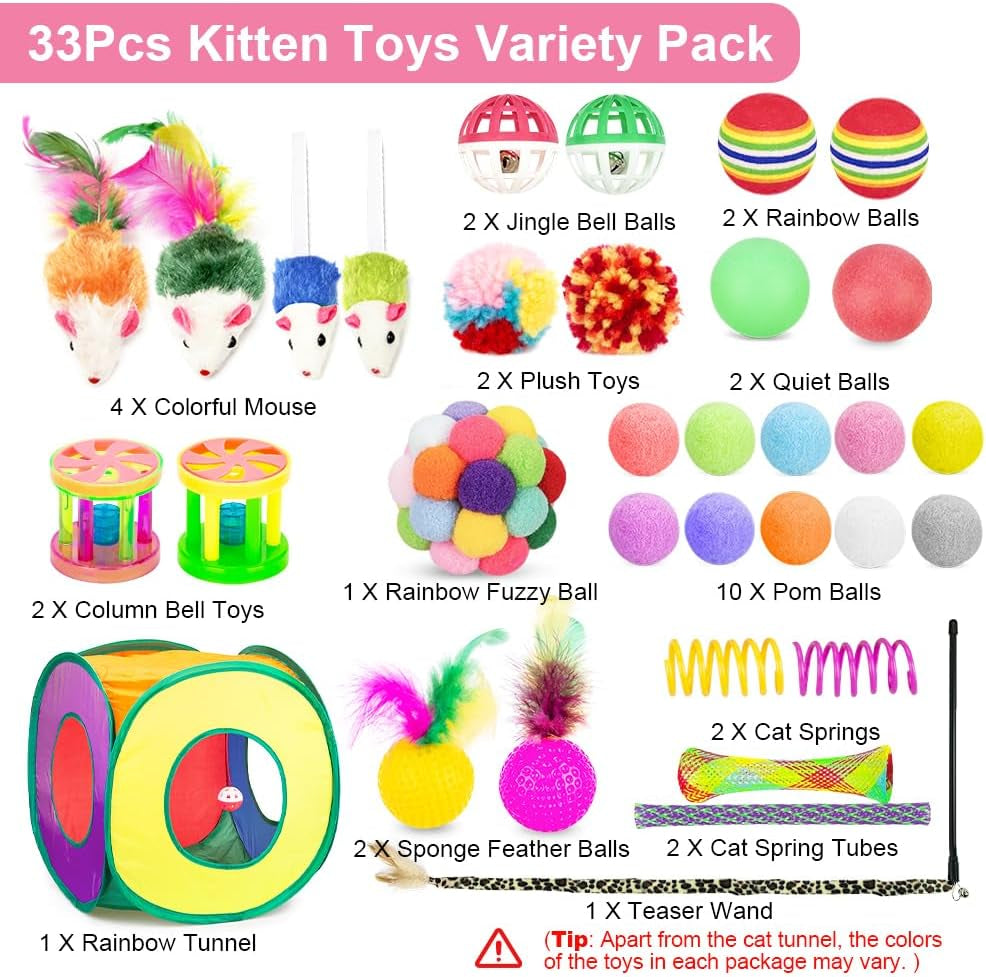 retro-shaw-33-pack-cat-toys-for-indoor-cats-collapsible-kitty-tunnel-tent-with-feather-teaser-wand-springs-balls-bell-mouse-interactive-kitten-hideaway-playhouse-15-7-inches