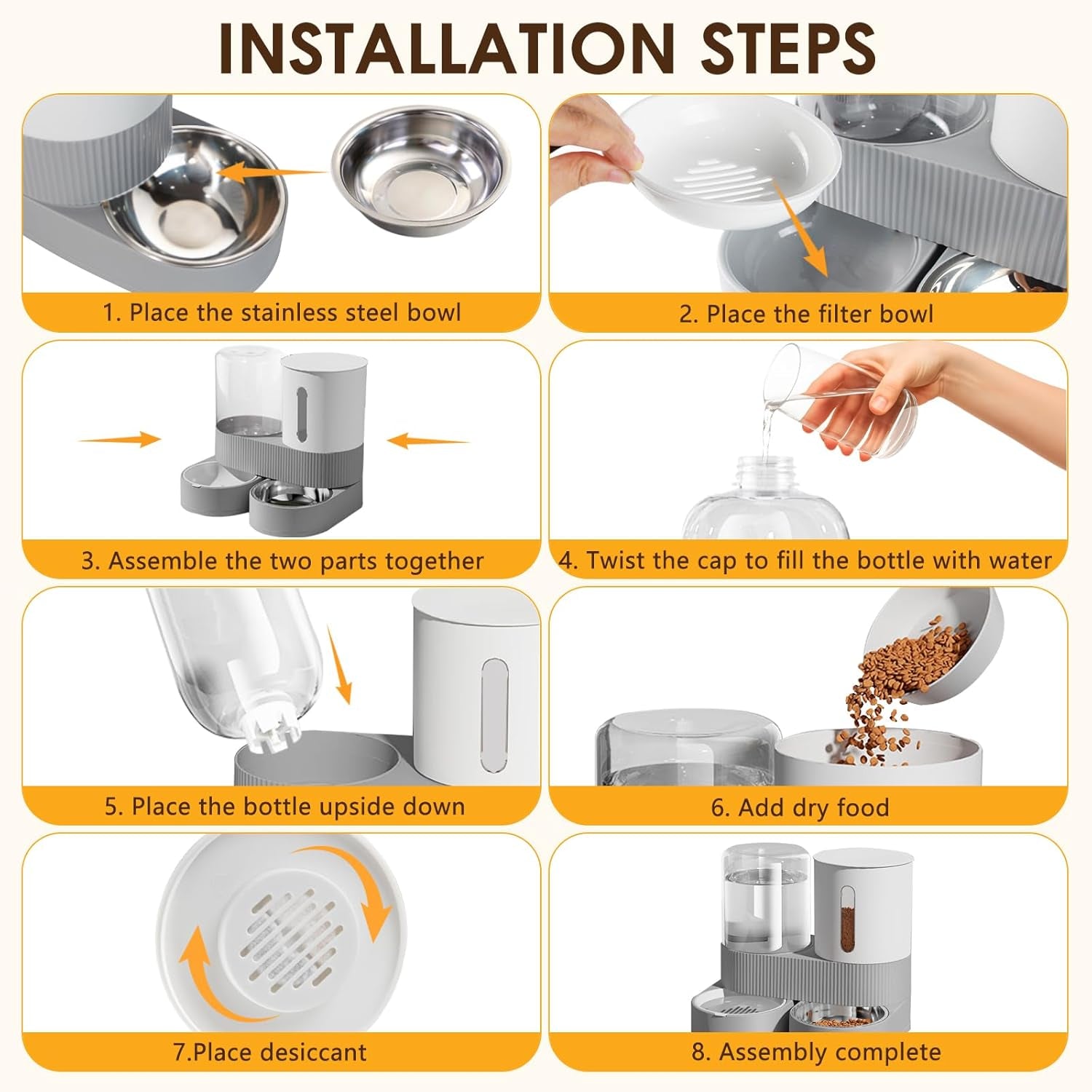 2-in-1-automatic-gravity-cat-dog-feeder-and-water-dispenser-with-304-stainless-steel-bowls-360-degree-rotatable-auto-food-with-2-specialized-brushes-for-small-medium-pet-dog-puppy-kitten-gray