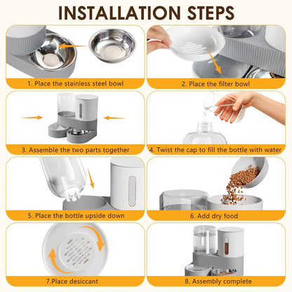 2 in 1 Automatic Gravity Cat Dog Feeder and Water Dispenser with 304 Stainless Steel Bowls, 360 Degree Rotatable Auto Food with 2 Specialized Brushes for Small Medium Pet Dog Puppy Kitten (Gray)7
