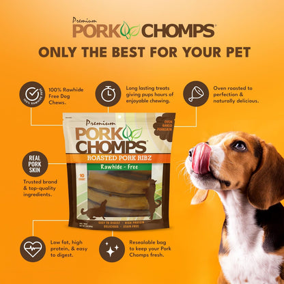 Pork Chomps Roasted Pork Skin Dog Chews, 6 Inch Rib Shapes, 10 Count, Pack of 1 - Long-Lasting Treats for Dogs - High Protein, Rawhide-Free, Low Fat, Healthy & Delicious Chews3