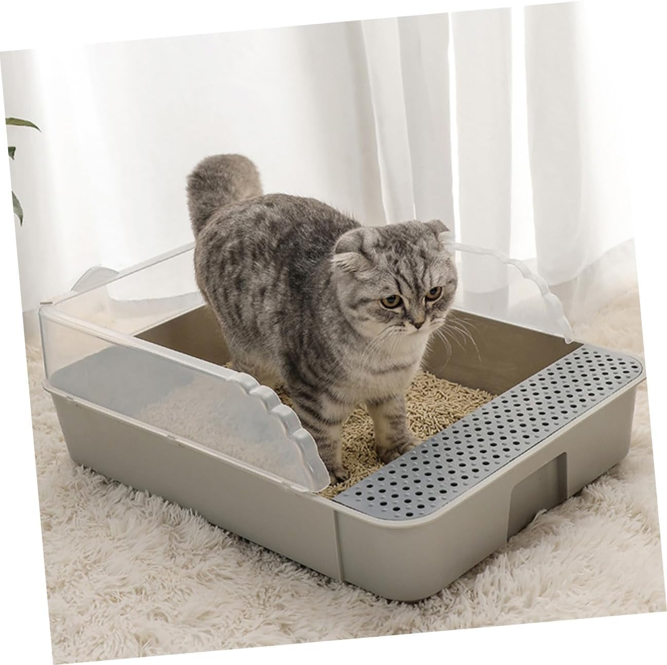 semi-enclosed-cat-litter-pan-toilet-detachable-anti-splash-durable-polymer-kitten-litter-box-small-grey-potty-for-indoor-cat-housebreaking