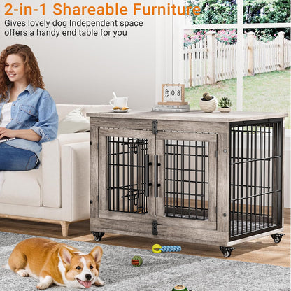 Medium Dog Crate Furniture, 32'' Heavy Duty Kennel W/Cushion & Wheels | Grey, Double Doors, Wooden Dog Cage, Chew-Resistant, End Table, Decorative, 27"/32"/38"/44" Options, Indoor2