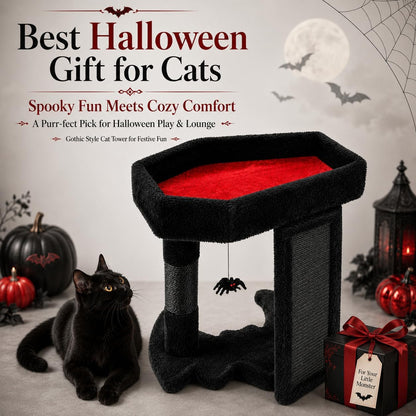 Gothic Cat Tree Tower with Coffin Bed for Indoor Cats, Black | Halloween Scratching Post｜ Spooky Sisal Scratcher｜Goth Cat Trees｜Interactive Spider Toys｜Activity Kitty Play Center2