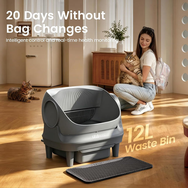 Self Cleaning Litter Box, Open Top 105L Automatic Litter Box for Multiple Cats, App Control, Safety Sensor, Anti-Pinch, Includes Mat & Liner - Gray6