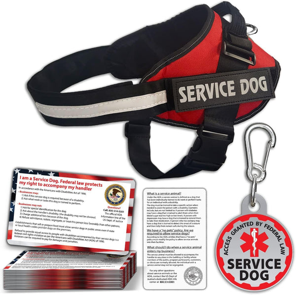 Service Dog Vest, ID Tag 50 ADA Information Cards - Harness with Patchs - M | MEDIUM (Chest: 21.5 - 26 Inch) Durable Metal Tag, 2-Sided Service Animal Cards. ESA Accessory Set1