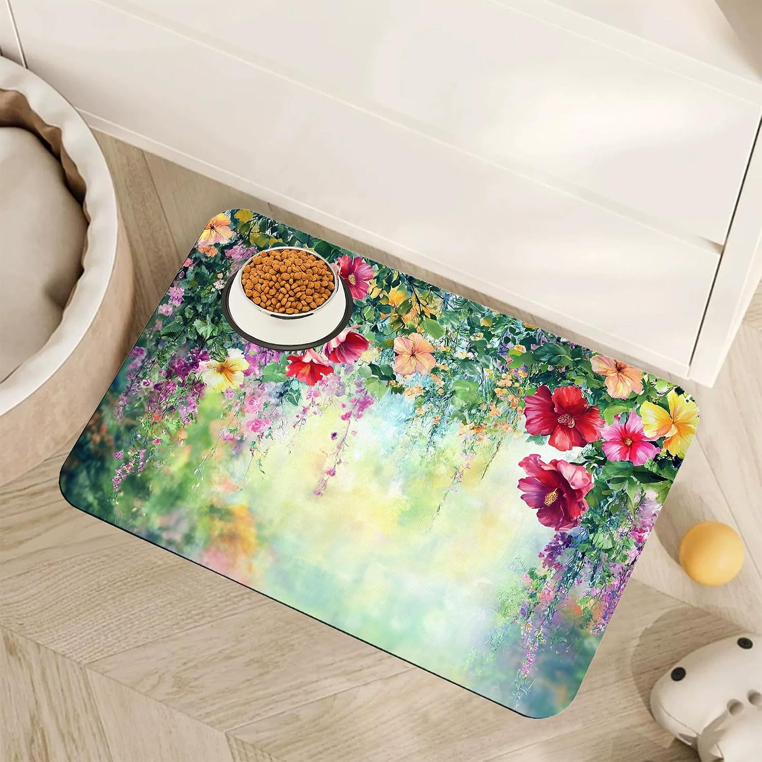 cute-strawberry-flower-dog-cat-food-mat-pink-absorbent-pet-feeding-mat-with-rubber-backing-non-slip-water-bowl-placemat-indoor-pet-accessories-supplies-12x20