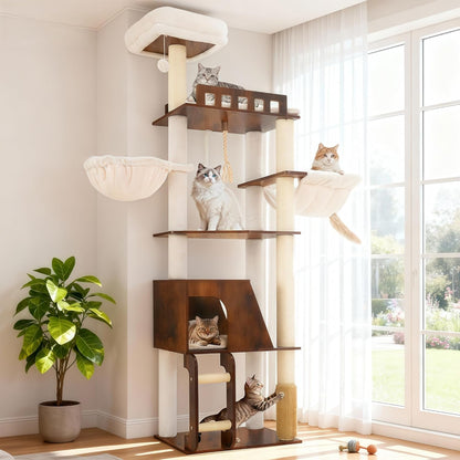 Hey-Brother Wooden Cat Tree, Furniture Tower with Large Platforms, MPJ121BT | 69.7 Inch, Modern Full Sisal Scratching Posts, Hammocks, Spacious Condo, Ladder, Brush, Water Proof Surface, White Oak10