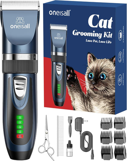 Oneisall Quiet Cat Clippers for Matted Hair & Long Hair, Cat Shaver | Cordless Cat Grooming Kit, LCD Display, 6 Guard Combs, 240-Min Runtime, 2-Speed Low Noise Trimmer for Cats & Small Dogs1