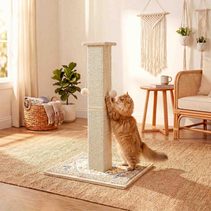 Tall Cat Scratching Post for Indoor Cats Adults, 33'' Large Cat Scratch Post with Perch, Cute Cat Scratching Post with Boho Carpet ＆ Dangling Ball Toys, White9