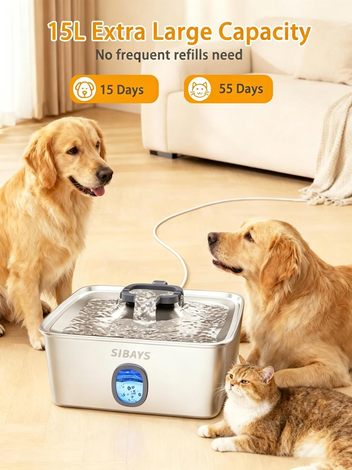 sibays-4gal-15l-large-dog-water-fountain-stainless-steel-pet-fountain-with-water-window-led-light-ultra-quiet-automatic-dog-water-bowl-dispenser-for-large-dogs-multi-pet-easy-to-clean-fs76
