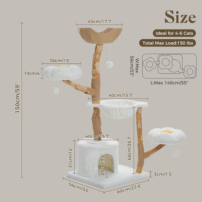 PAWZ Road 59" Modern Cat Tree, Natural Wood Cat Tower for Large Cats White | Wicker Basket Bed&2 Flower Perches for Multi-Cat, Cat Tree Tower with Large Condo&Hammock, Solid Wood Cat Tree House2