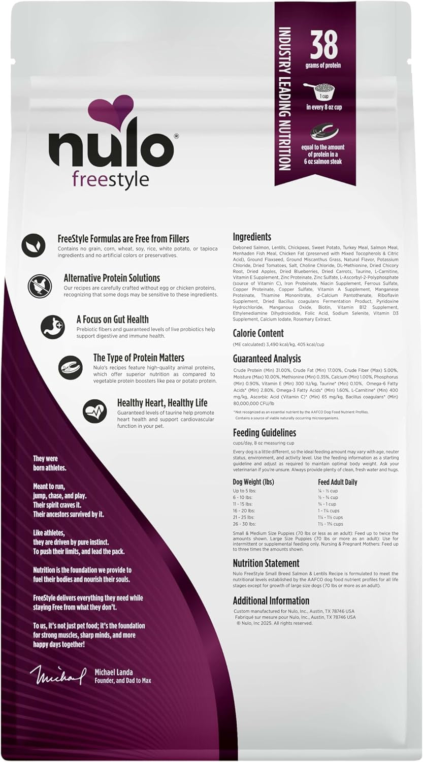 nulo-freestyle-small-breed-dog-food-dry-salmon-lentils-puppy-adult-grain-free-dog-food-natural-high-protein-smaller-sized-kibble-with-bc30-probiotic-for-healthy-digestion-support-6lb-bag
