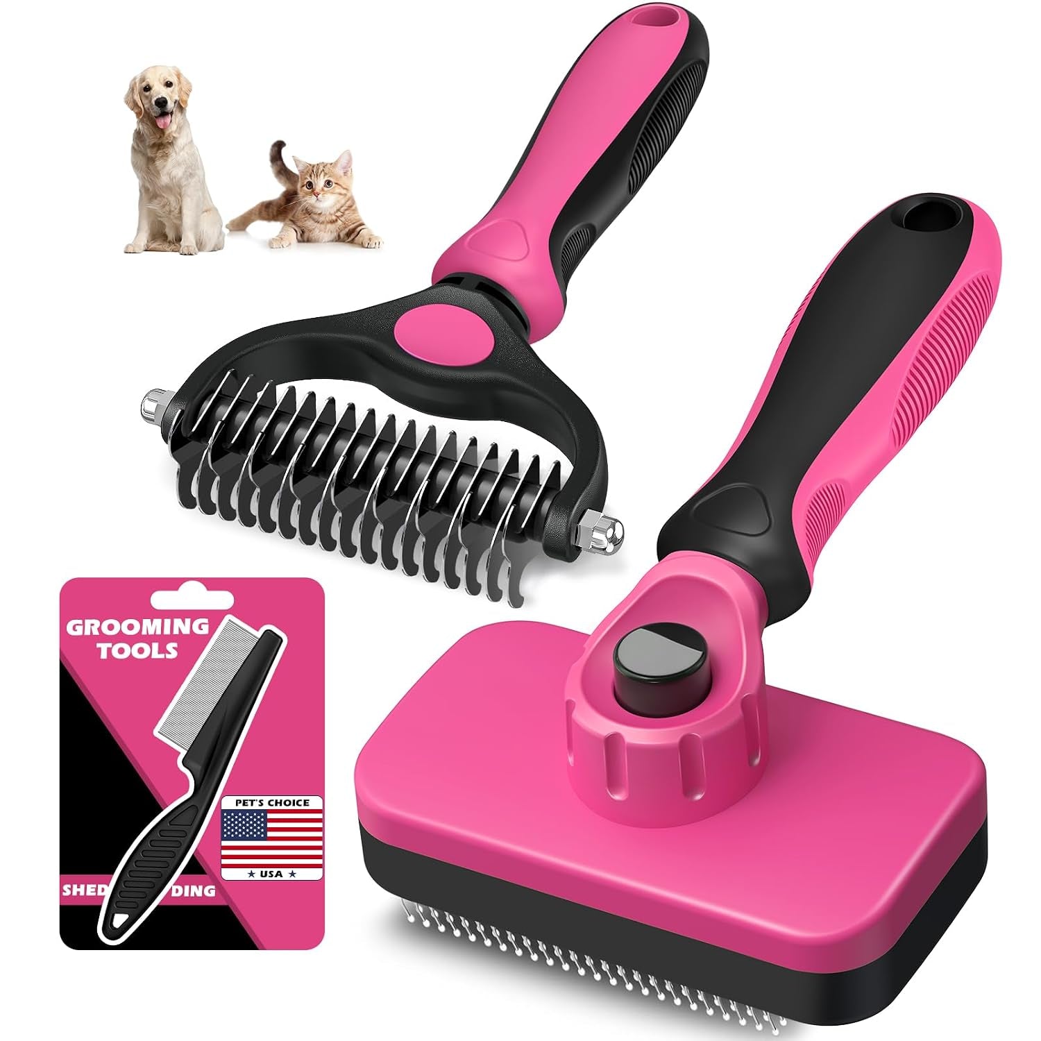 professional-3pcs-self-cleaning-slicker-brush-pet-grooming-rake-flea-comb-for-dogs-cats-and-horses-double-sided-dematting-comb-skin-friendly-deshedding-grooming-tool-pet-supplies-blue