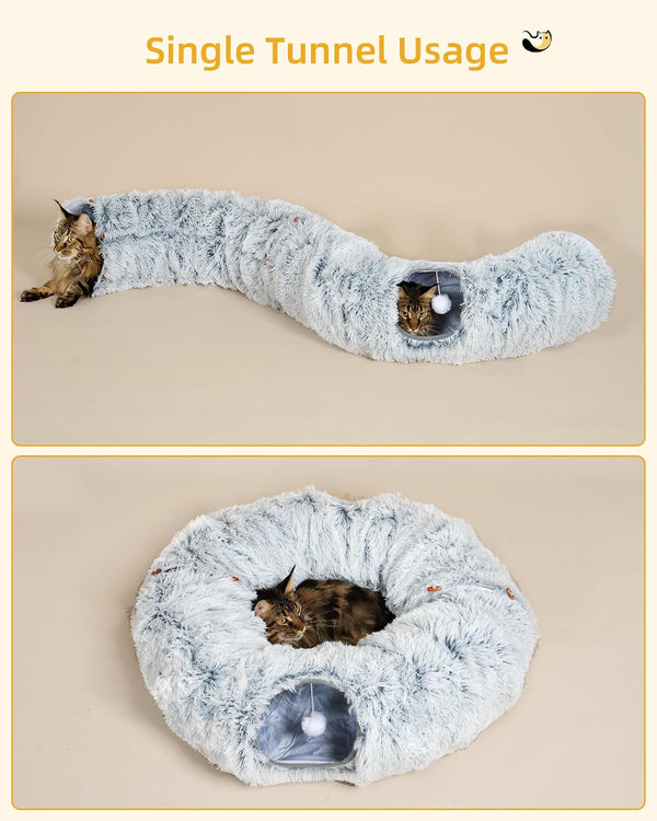 Aechonow 3-In-1 Cat Tunnel Bed, 34'' Cat Scratching Post for Indoor Cats | Fluffy Peekaboo Donut Hideout Toy for Pets, Rabbit, Ferret3