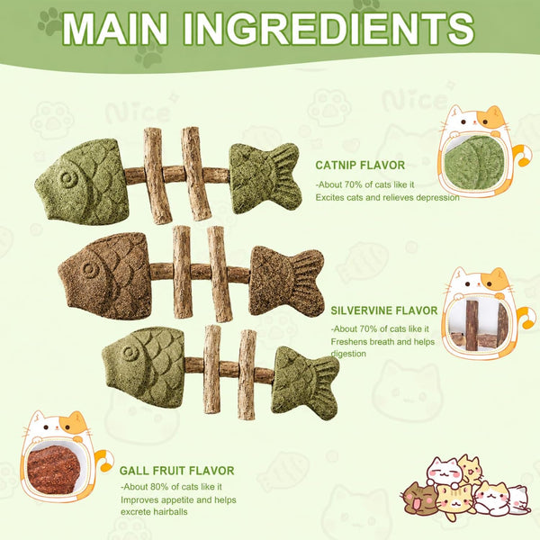 3Pcs Catnip and Silvervine Chew, Fishbone Cat Dental Chew Toy, Cat Chew Stick for Teething, Boredom Relief & Daily6