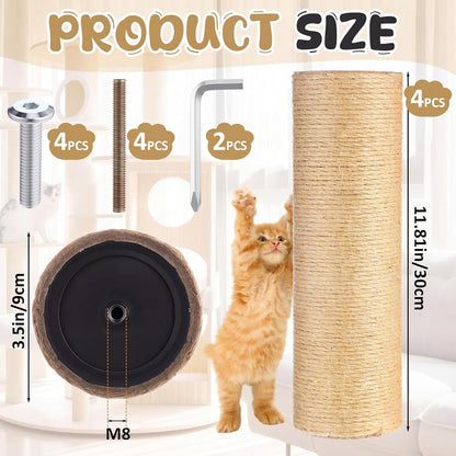 4 Pcs M8 Cat Scratching Post Replacement 11.8X3.5'' Sisal Pole Cat Tree Climbing Post Replacement with Screw, Refill Scratcher Pole for Indoor Kitten Tree Tower Spare Pet(Primary Color)2
