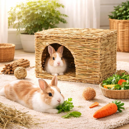HERCOCCI Extra Large Grass House for Rabbit, Foldable & Comfortable House | Small Animal Hut Play Hideaway Bed Hay Mat Chew Toy for Bunny Guinea Pig Hamster Chinchilla (1 Pack)4