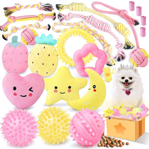 XIUGOAL Pink Puppy Toys for Boredom - 23 Pack Puppy Chew Toys for Teething, Interactive Dog Toys for Puppies, Cute Small Dog Toys with Treat Ball, Squeaky Dog Chew Toys and Ropes9