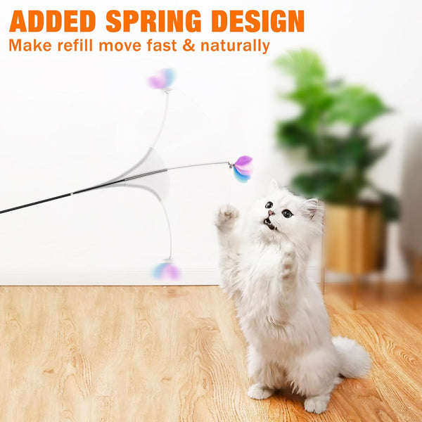 JXFUKAL 2025 Latest Cat Toys, 2 in 1 Spring Cat Wand Toy with 2PCS Ultra-Long Cat Teaser, 4PCS Spring Steel Wire & 5PCS Feather Refills for Kitty Kitten Indoor Cats Accessories4
