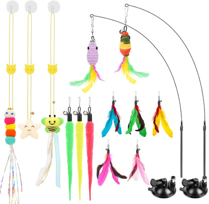 Atosun Interactive Cat Toys, 15PCS Cat Wand and Feather Toys for Indoor Cats, Reusable Suction Cup Toys for Kittens Play Exercise1