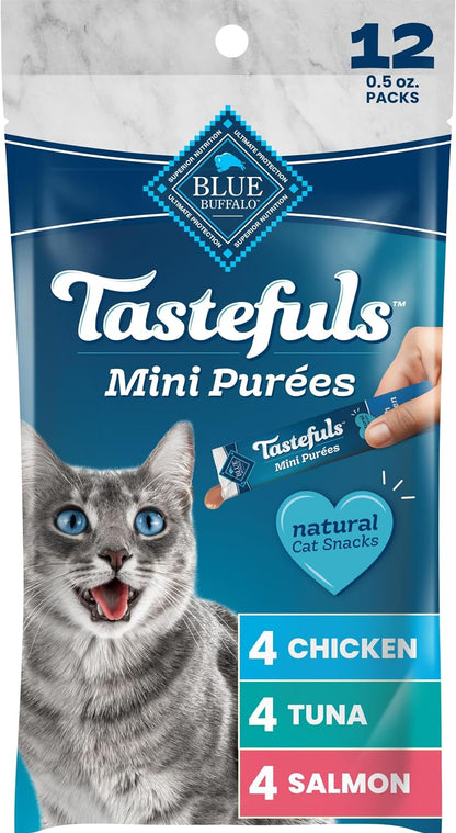 Blue Buffalo Tastefuls Mini Purées Natural Cat Treats, Chicken, Tuna, Salmon Variety Pack, 0.5 Oz. Single Servings, 24-Count13