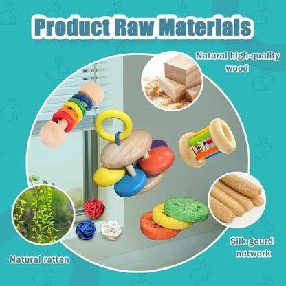 QWR 9PCS Wooden Bunny Toys,Safe Rabbit & Guinea Pigs Teeth Grinding Toy for Chinchillas, Hamsters & Small Animals - Indoor & Outdoor2