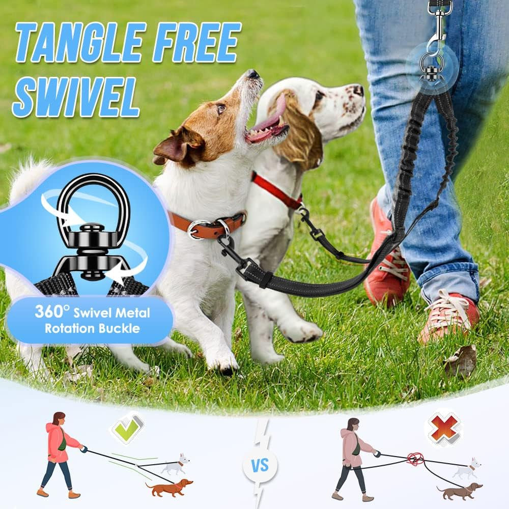 autowt-double-dog-leash-no-tangle-360-swivel-rotation-reflective-lead-attachment-adjustable-length-dual-two-dogs-lead-splitter-comfortable-shock-absorbing-walking-training-for-2-dogs