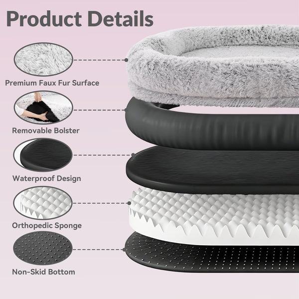 79"X44"X12.5" Human Dog Bed for Adult Faux Fur Washable Human Dog Bed Portable Handle, Egg Orthopedic Foam Human Bed Extra Large Grey3