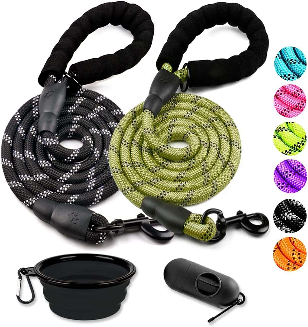 cooyoo-2-pack-dog-leash-5-ft-heavy-duty-comfortable-padded-handle-reflective-dog-leash-for-medium-large-dogs-with-collapsible-pet-bowl