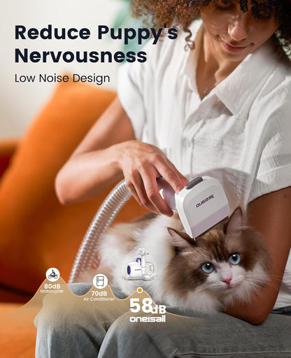 Oneisall Dog Hair Vacuum Shedding Grooming Brush Kits for Pet Thick Coats | 15000Pa,3 Suction Low Noise,1.5L Dust Cup,5 in 1 Kits(Grooming/Deshedding/Cleaning Brush,Remover Roller,Crevice Tool), LM54