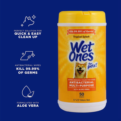 Wet Ones for Pets Antibacterial Dog Wipes, Tropical Splash, 50 Count | Multi-Purpose Grooming Wipes with Aloe Vera for Paws, Face, and Body; Easy Cleanups between Baths2