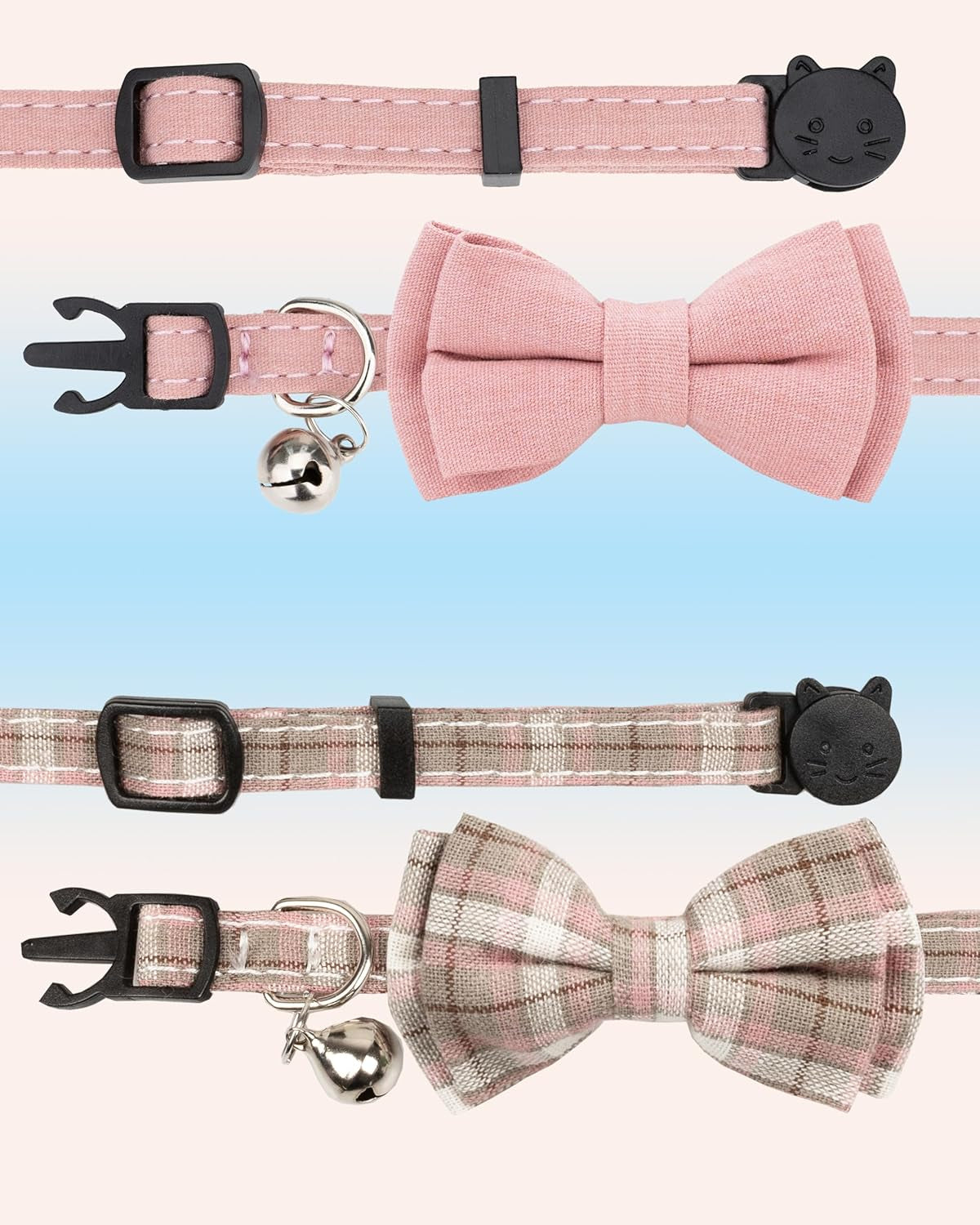 cat-collar-breakaway-bowtie-safety-with-bell-adjustbale-kitten-puppy-solid-plaid-color-set-d-2pcs-pink-2