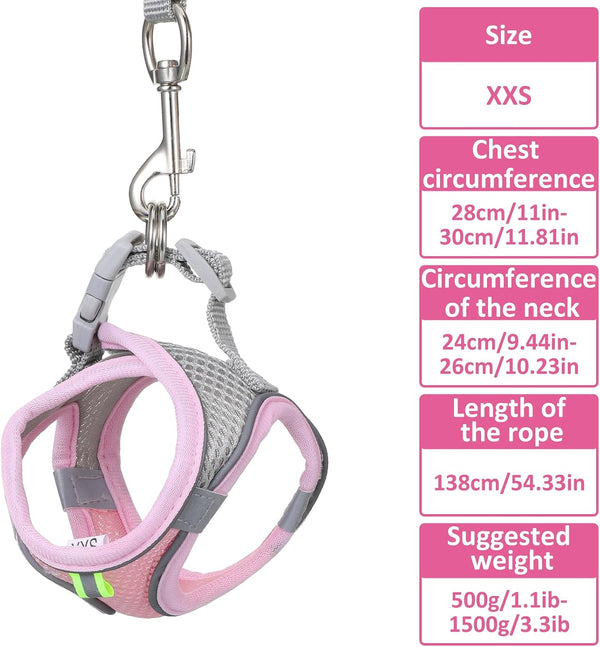 Bunny Harness and Leash Set Breathable Pet Rabbit Harness and Leash Set Soft Rabbit Leashes Reflective Strips Jacket Escape-Proof Walking Gear for Rabbits, Small Kitten, Puppy, Guinea Pigs (Pink, XXS)2