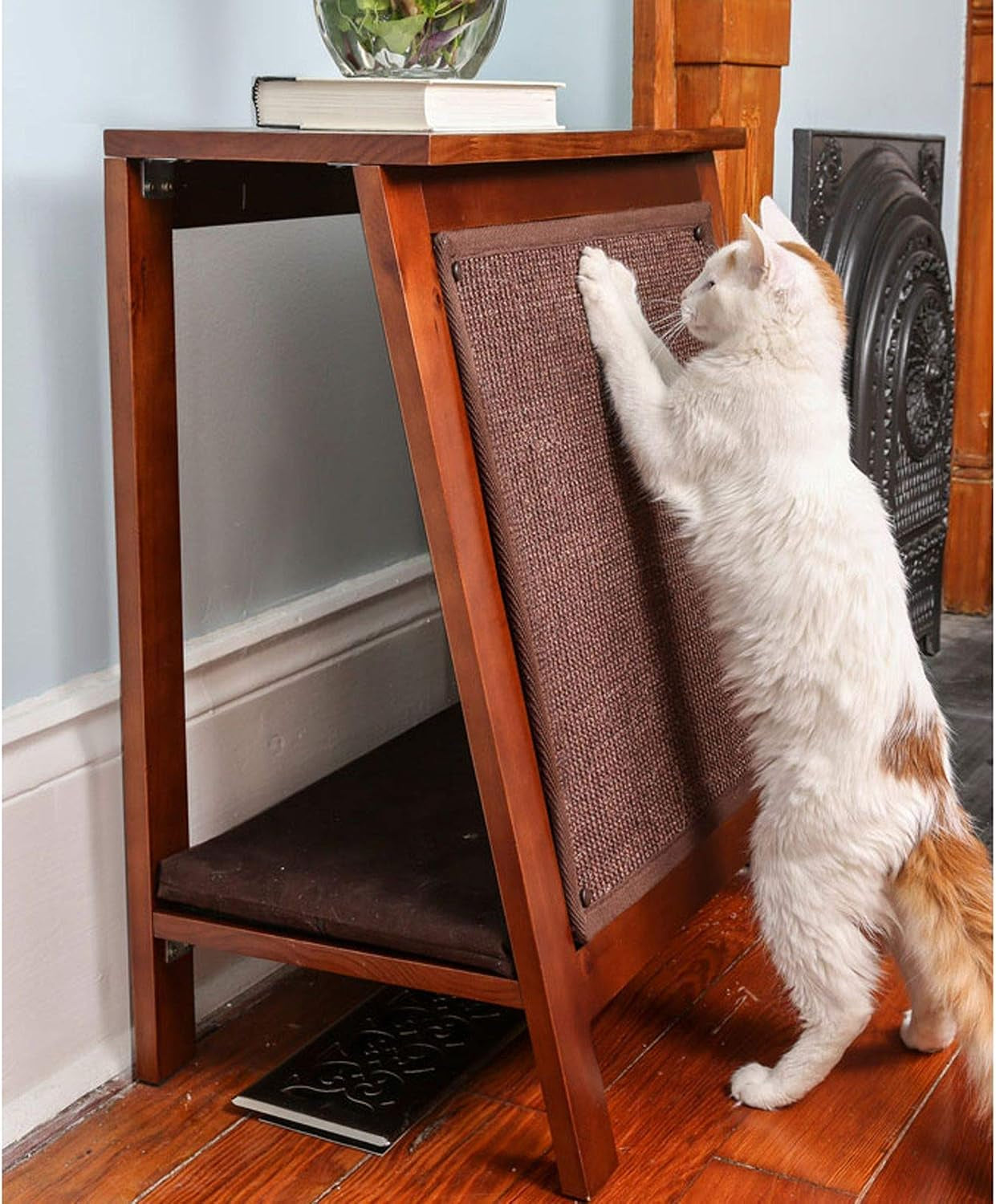 the-refined-feline-a-frame-cat-bed-cave-in-black-espresso-with-ventilated-base-multipurpose-wood-cat-furniture-table-easy-to-clean-covered-cat-bed-with-replaceable-scratching-post-washable-cushion